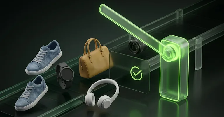 Items pass glowing green gate and check, illustrating E-commerce Logistics: Use DDP Shipping to Prevent Customs