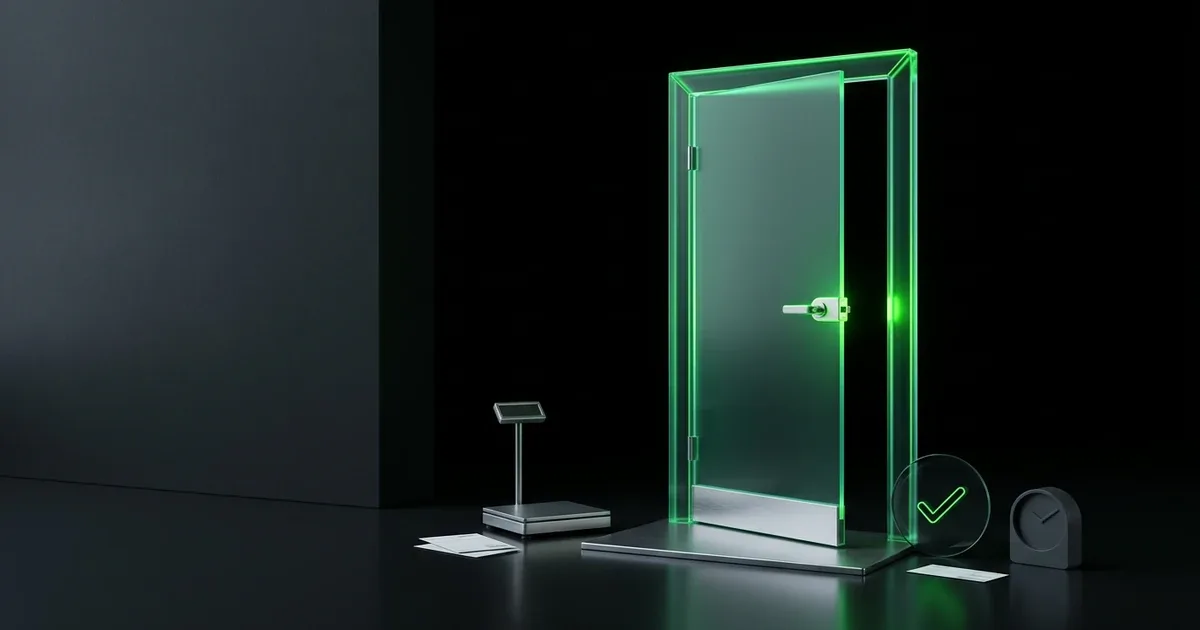 A glowing green door, postal scale, and clock show Estimated Delivery Date: Why Predictability Beats