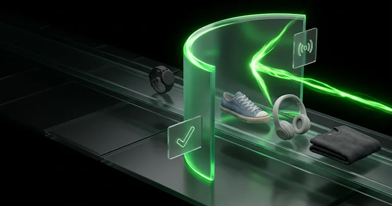 A dark path with a smartwatch, sneaker, headphones, and shirt, a green glowing arch