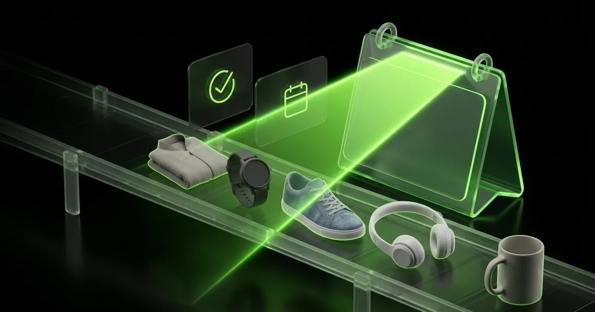 Green light scans gray items on a conveyor and a calendar, showing Estimated Delivery Dates