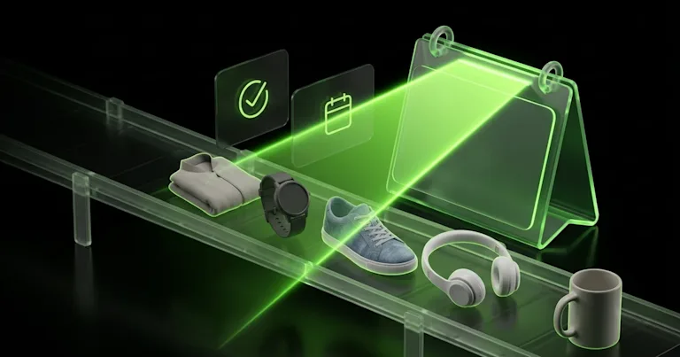 Green light scans gray items on a conveyor and a calendar, showing Estimated Delivery Dates