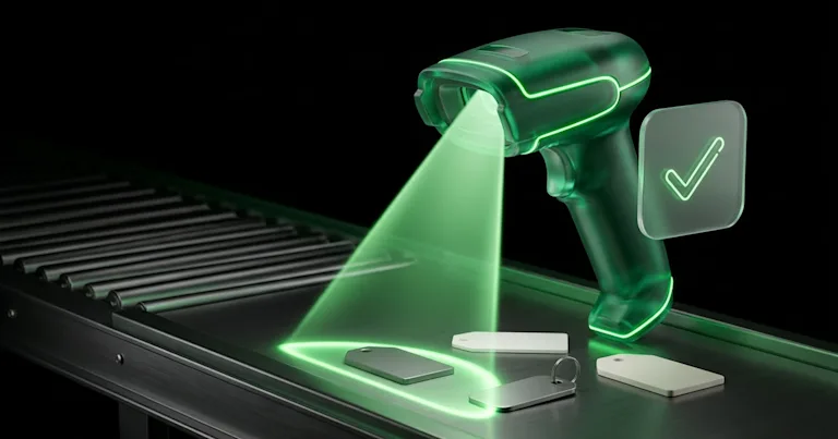 A glowing green scanner scans tags on a conveyor, handling 48-hour transit lags to stop WISMO