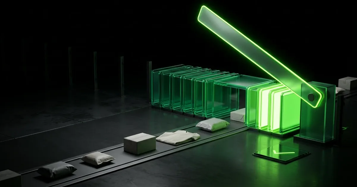 Parcels on a dark conveyor pass a neon green gate for E-commerce HS Code Automation