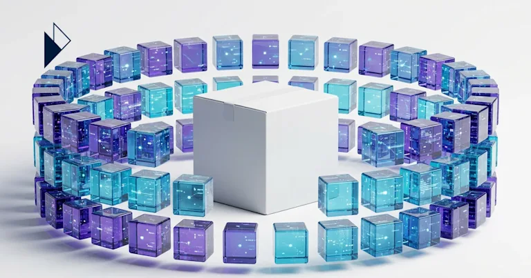 Purple glass blocks ring a white teal cube for Ecommerce Logistics Data Moat: Carrier Networks vs Marketing.