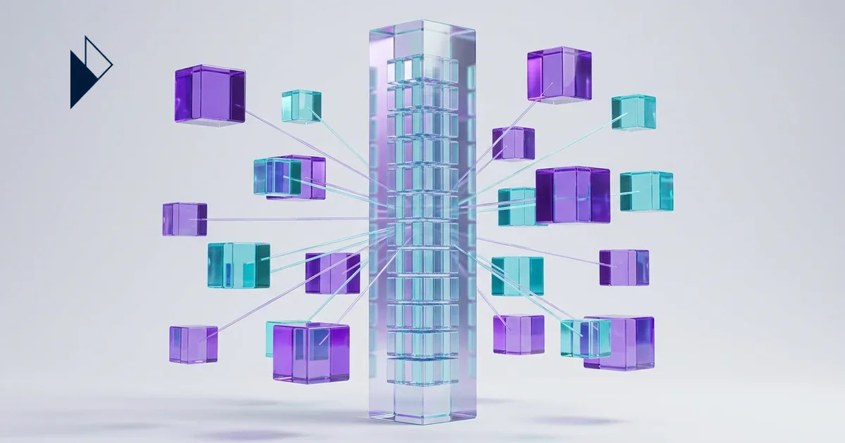 Purple and teal cubes link to an iridescent glass pillar for Ecommerce Logistics Software: Comparison Guide for Brands.