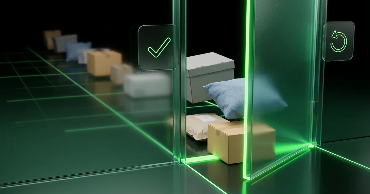 Packages on a neon green grid track move toward a glass gate with check/refresh icons for E-commerce LTV
