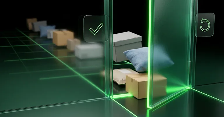 Packages on a neon green grid track move toward a glass gate with check/refresh icons for E-commerce LTV