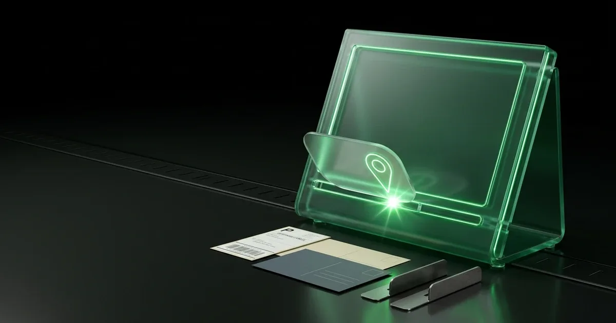A glowing green screen where Checkout Optimization Starts with PDP Delivery Dates sits by mail cards on a black