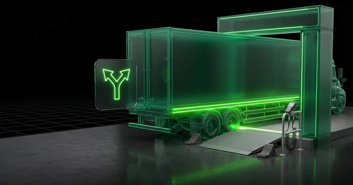 A green truck with a route icon at a dock for e-commerce logistics: routing around peak carrier