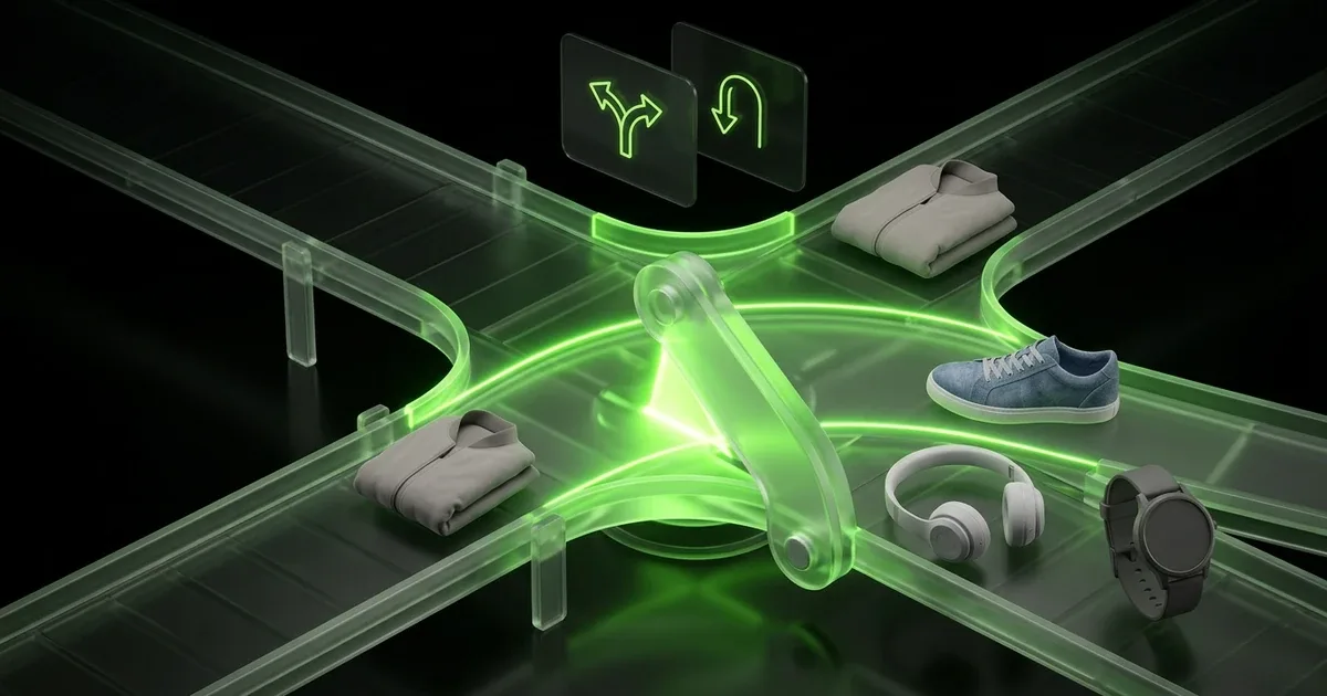 Green glowing tracks with products and arrow signs for Carrier Performance: AI Multi-Carrier Routing for Peak