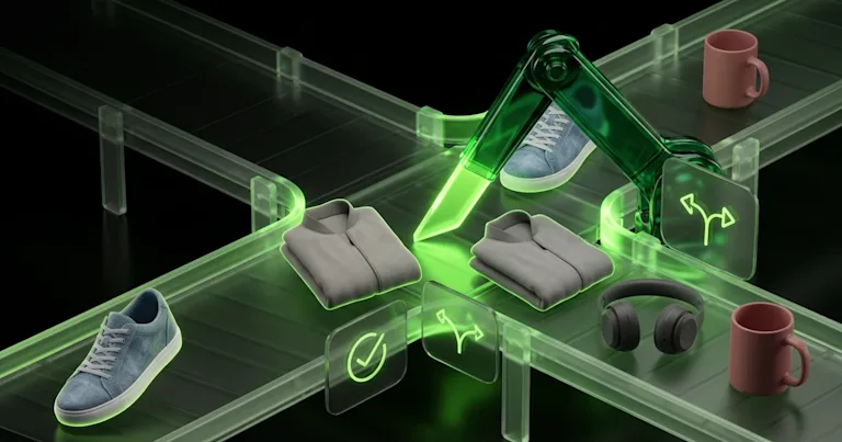 A glowing green robotic arm sorts diverse items on conveyor belts for E-commerce Logistics