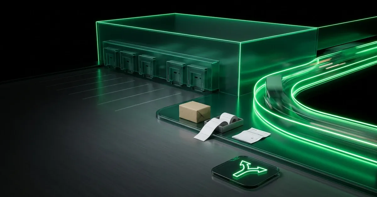 Glowing green docks, parcel, and split arrow show e-commerce peak season carrier bottlenecks & dynamic