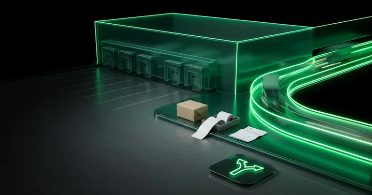 Glowing green docks, parcel, and split arrow show e-commerce peak season carrier bottlenecks & dynamic