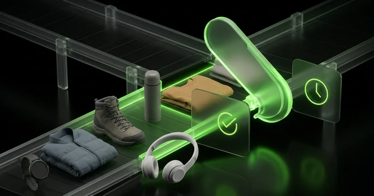 Items move on dark conveyors past green glowing check and clock scanners, hinting at Carrier Performance