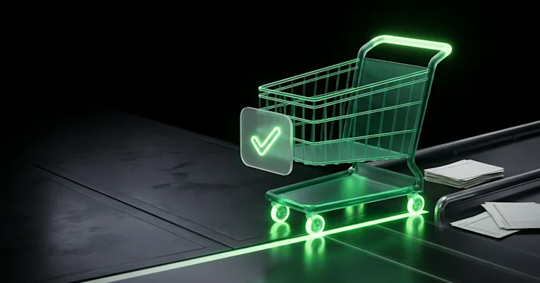 A glowing green shopping cart with a checkmark for Estimated Delivery Date: Replacing Peak Season Buffers |