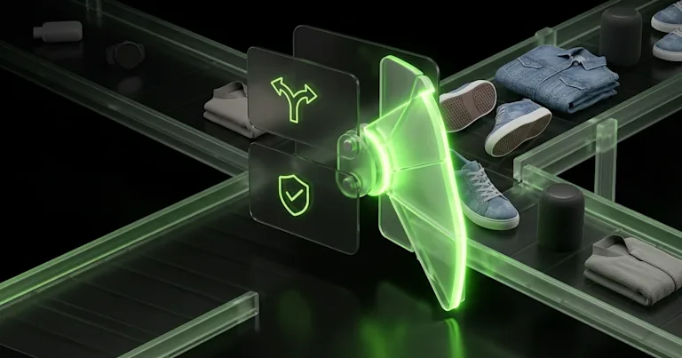 A system of green conveyor belts, diverter, and icons shows E-commerce Logistics