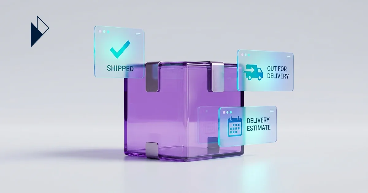Three red and green status panels hover over a purple cube, Ecommerce Post-Purchase: Why 3 WISMO Tickets = 3 Lost Orders.