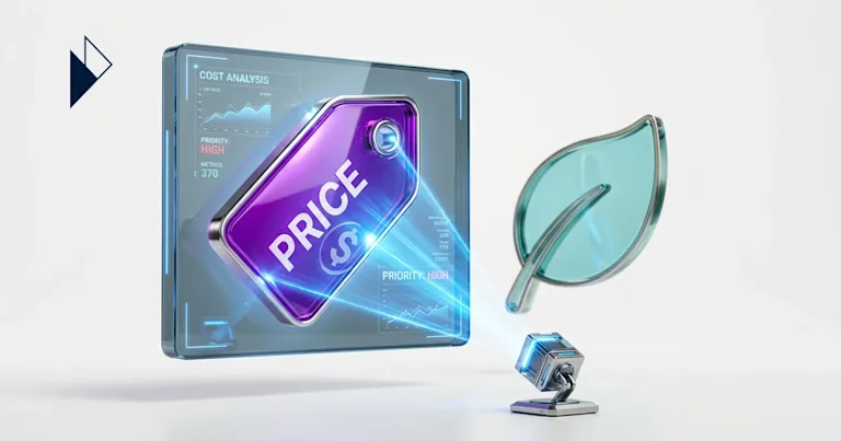 A $499.99 silver cube and green glass cube show AI Price Bias in Ecommerce: Why LLMs Ignore Sustainability Value.