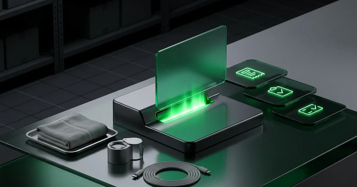 E-commerce returns management: prevent refund chargebacks with a glowing green inspection scanner on a dark