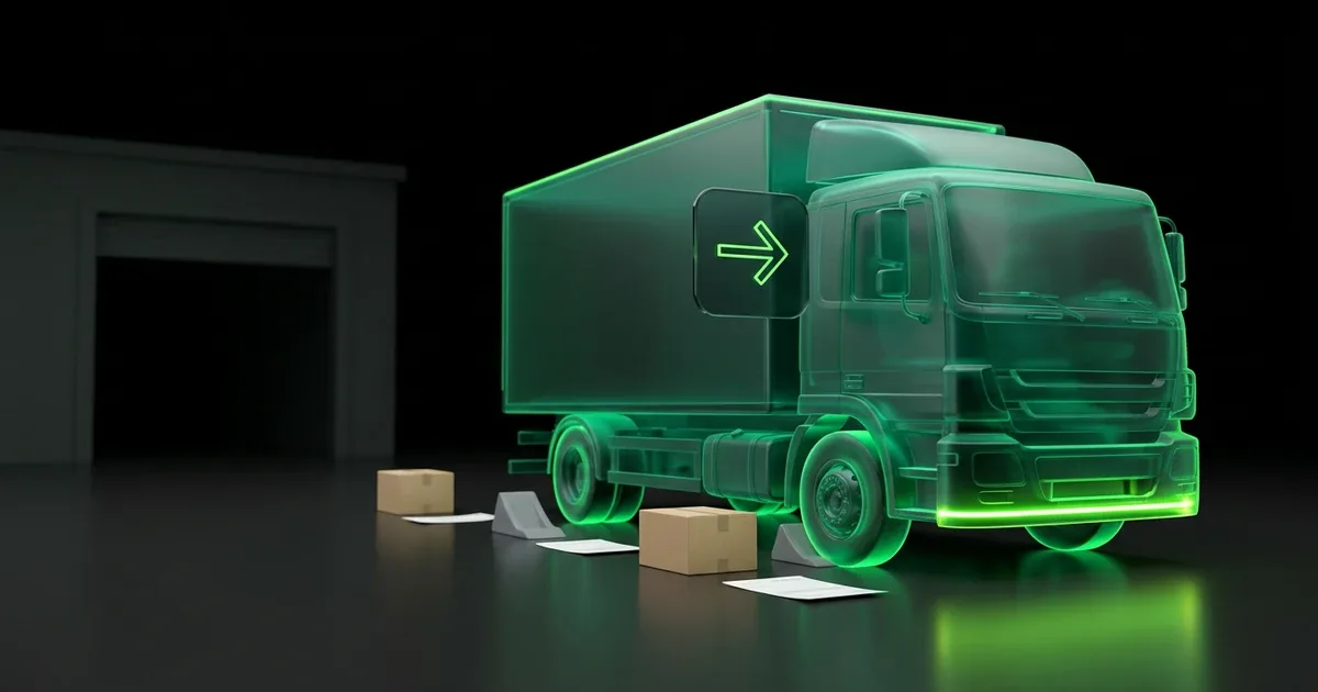 A glowing green truck is parked near boxes for reverse logistics benchmarks