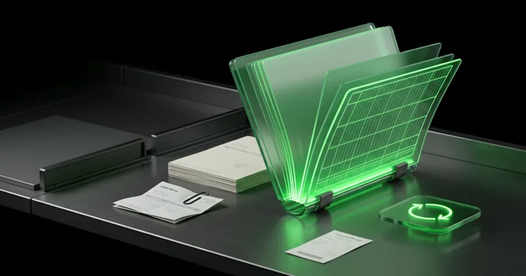Paper forms and a glowing green digital folder show Returns Automation: Moving From Email to Self-Service