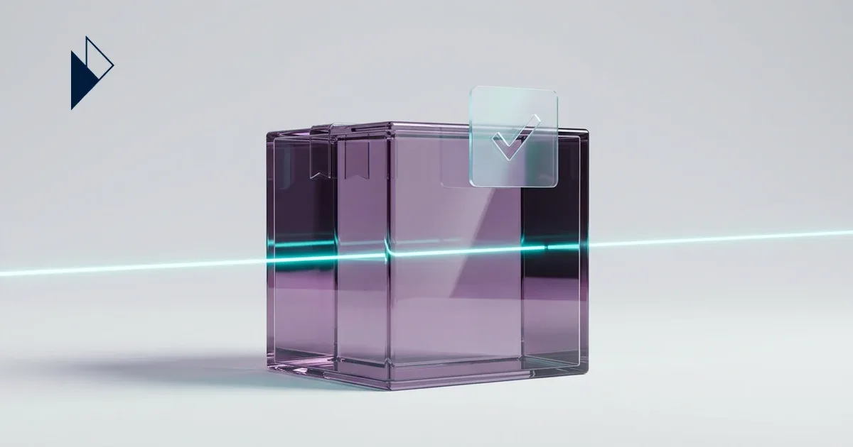 Ecommerce Returns Best Practices: An Operator's Guide to Scalability has a purple glass box, checkmark, and cyan scan line.