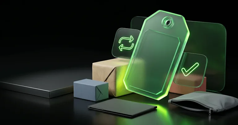A glowing green conveyor system moves diverse products past screens for E-commerce Returns and Verified Data