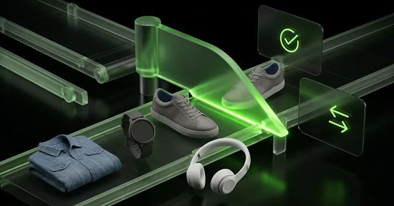 A glowing green conveyor system moves diverse products past screens for E-commerce Returns and Verified Data