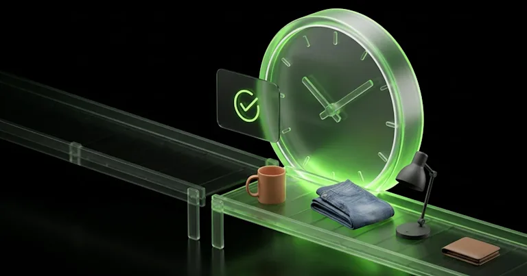A green glowing conveyor belt carries items, a clock, and a checkmark. E-commerce Stalled Parcels