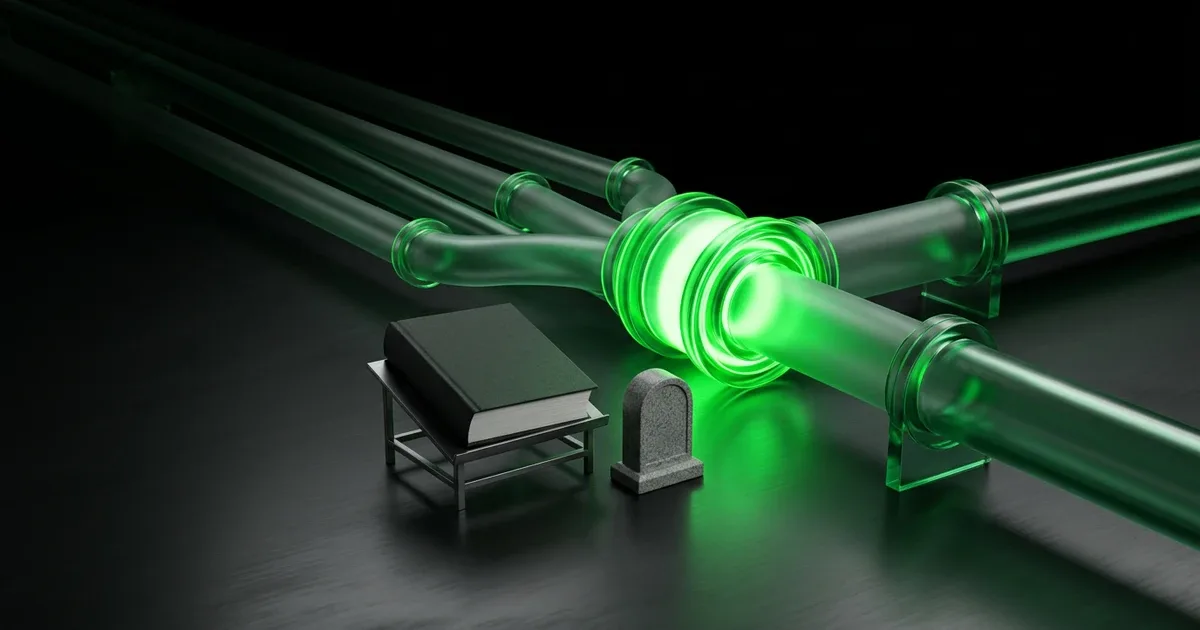 Luminous green pipes merge by a book and tombstone, showing e-commerce tracking normalization