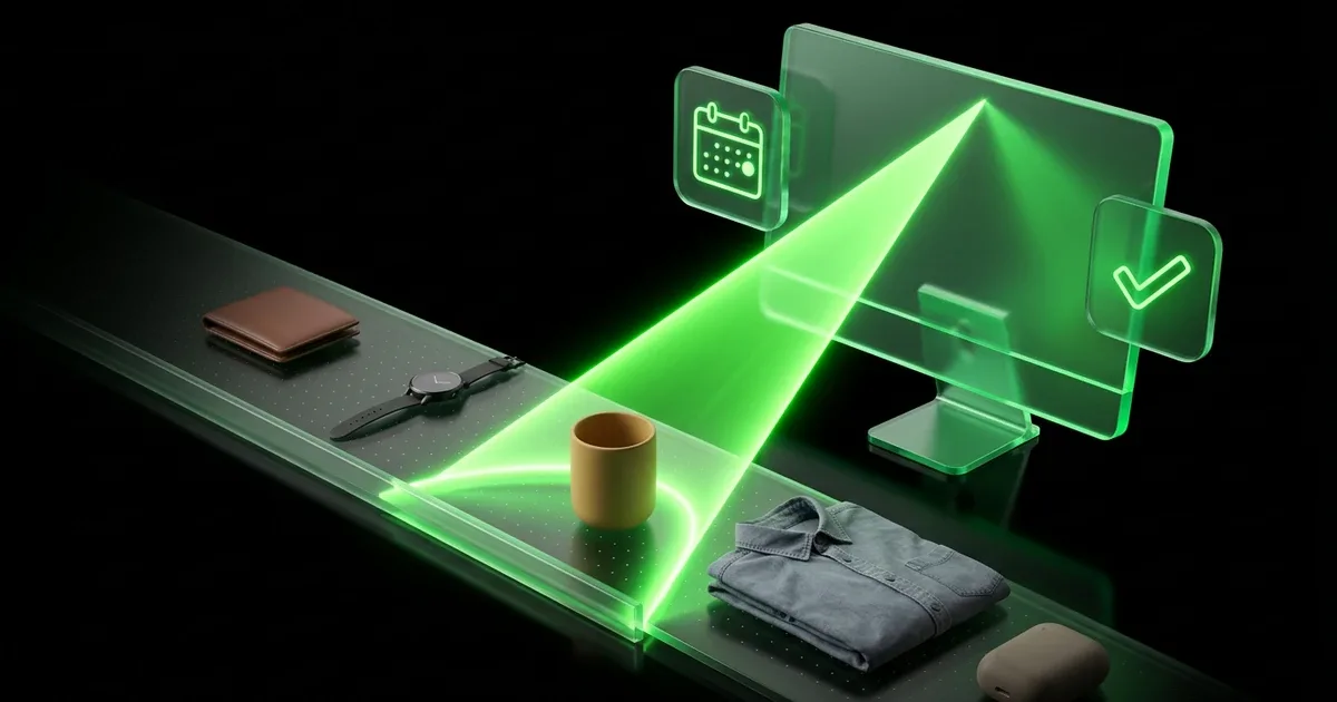 A green glowing path scans items to a monitor with icons, detailing Branded Tracking Pages