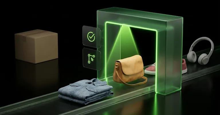 Products move on a black conveyor belt through a glowing green arch with data icons, for E-commerce WISMO Automation: Logisti