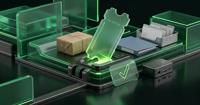 Products move on a black conveyor belt through a glowing green arch with data icons, for E-commerce WISMO Automation: Logisti