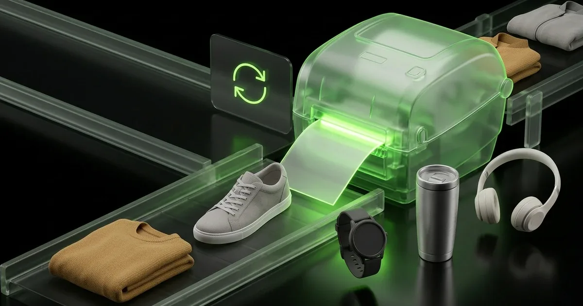 A green printer makes labels for items on clear conveyors, dark background, addressing E-commerce WISMO
