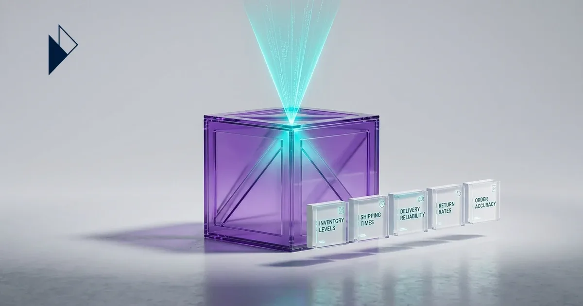 Blue and purple data panels float around a white box for AI Commerce Visibility: Why Generic Tools Fail Ecommerce Leaders.