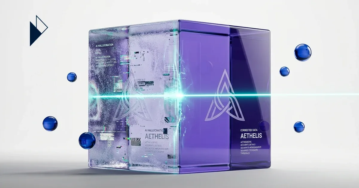Glowing cyan and purple cubes line a white shelf, fixing AI Hallucinations: Overwriting Brand Reputation in LLMs.