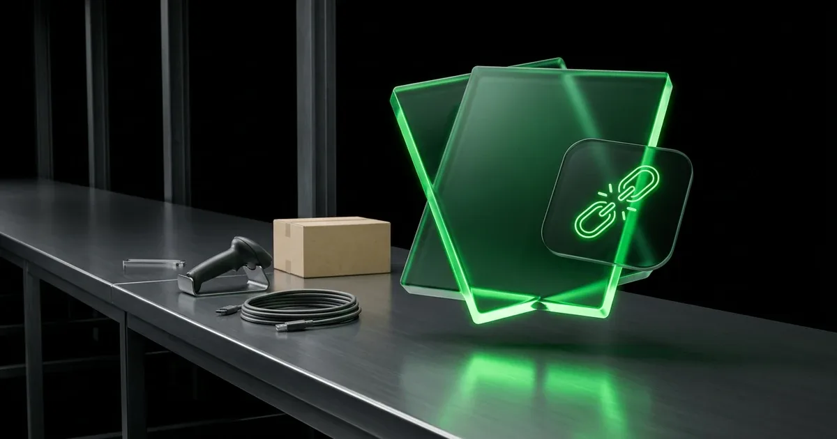 A box, scanner, and green broken link for fixing status not found tracking errors in e-commerce