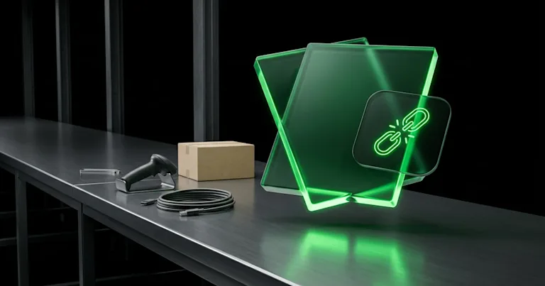A box, scanner, and green broken link for fixing status not found tracking errors in e-commerce