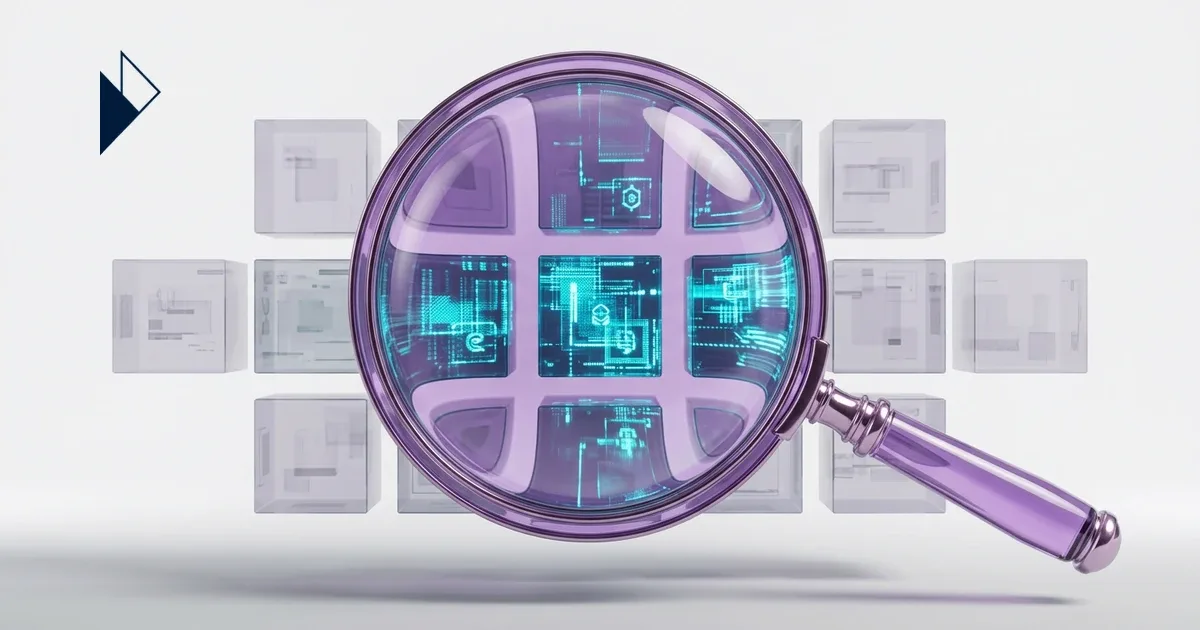 White cubes pass through a glass pane and turn purple and teal to fix the GA4 AI attribution gap.