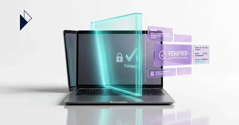 Teal and purple digital overlays on a laptop show High-Volume Returns Management for Electronics Brands | E-commerce.