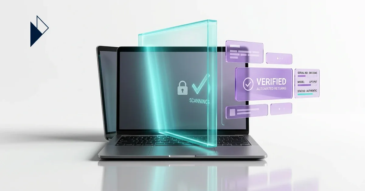 Teal and purple digital overlays on a laptop show High-Volume Returns Management for Electronics Brands | E-commerce.