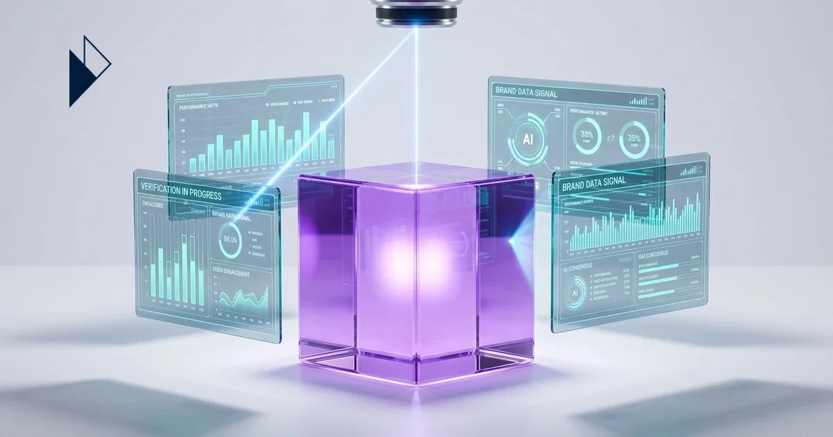 Light hits a glowing purple cube near graphs on how AI models decide which e-commerce brands to recommend.