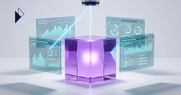 Light hits a glowing purple cube near graphs on how AI models decide which e-commerce brands to recommend.