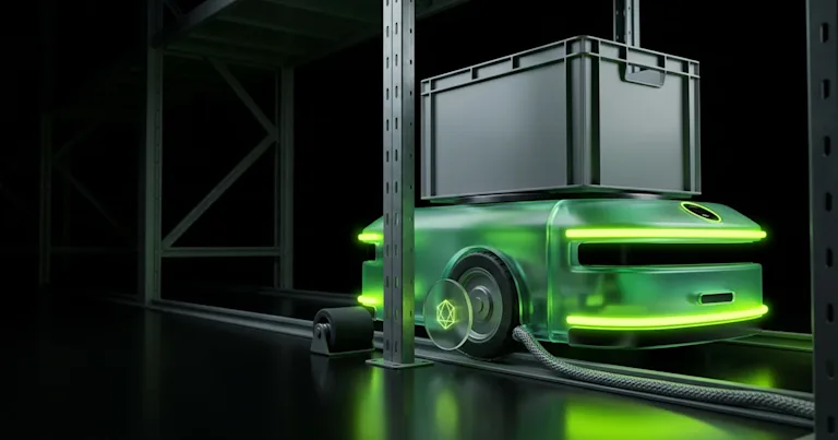 A glowing green robot with a crate on a track amidst dark warehouse shelving highlights How to Automate Your E-commerce