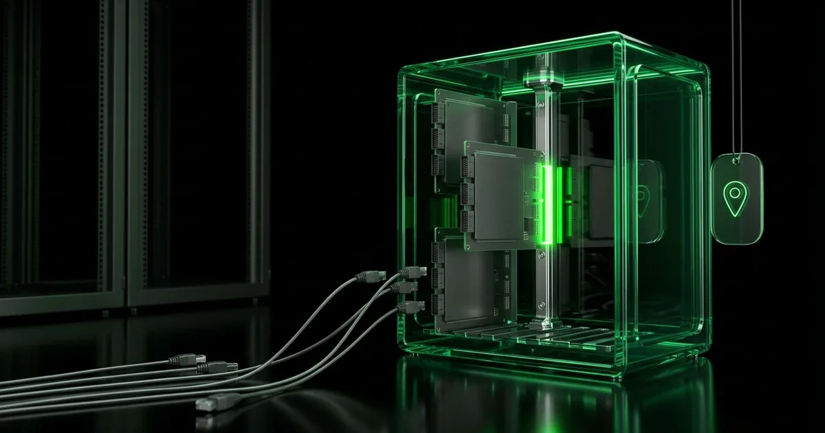 Green glass server with cables and a location tag for Customer Retention & Tracking Page Software
