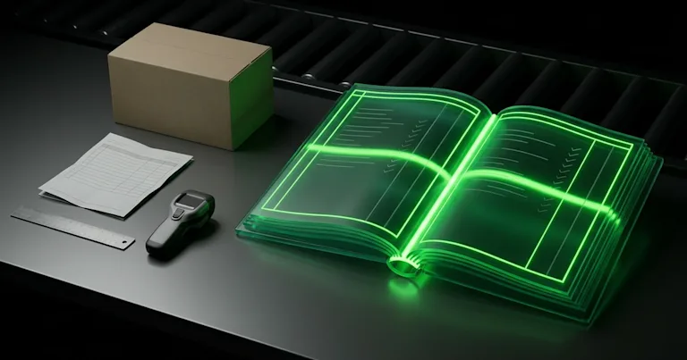 A glowing green ledger, box, and scanner control shipping spend: identify carrier invoice