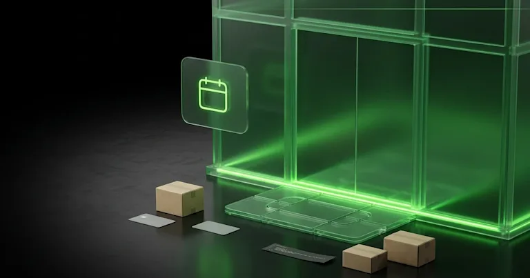 Boxes, cards, and a calendar icon by green glass doors mark Perform.AI Implementation Time