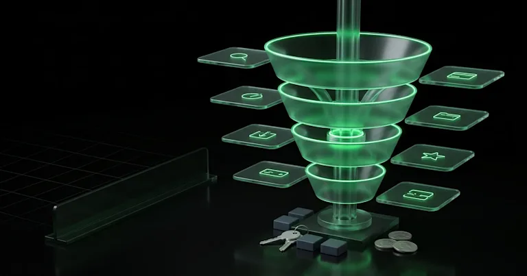 A glowing green funnel and icons show how to manage multiple website domains for e-commerce stores