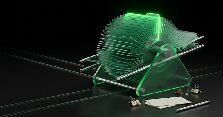 A glowing green glass Rolodex for Perform.AI Carrier Integration: 1,100+ Global Carriers Supported on a dark