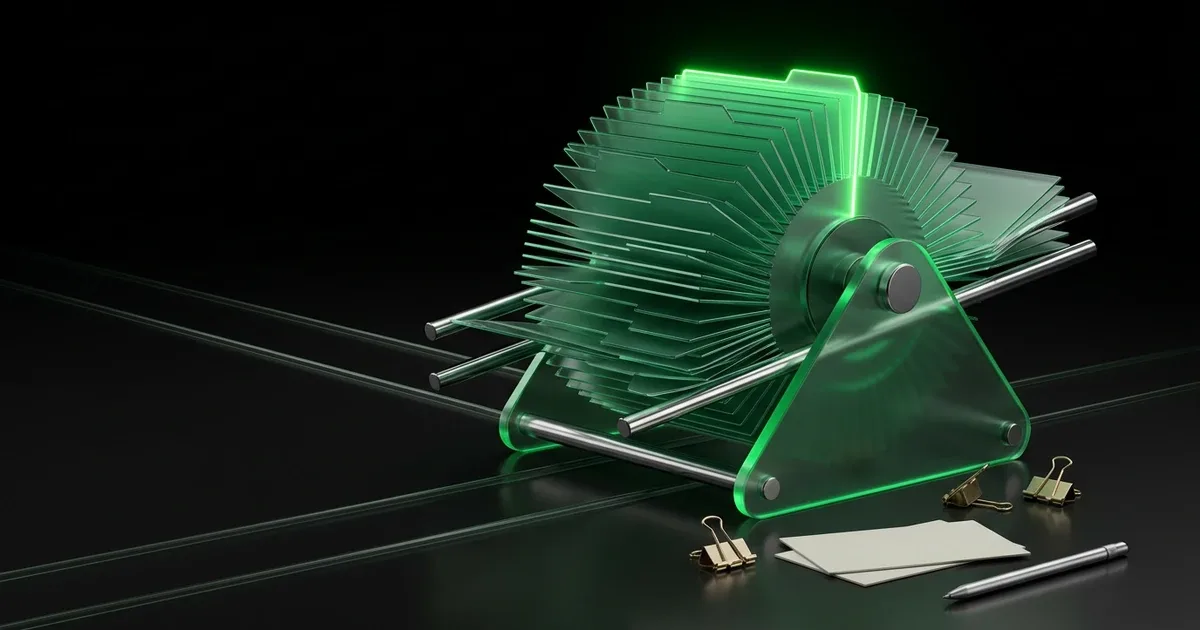 A glowing green glass Rolodex for Perform.AI Carrier Integration: 1,100+ Global Carriers Supported on a dark